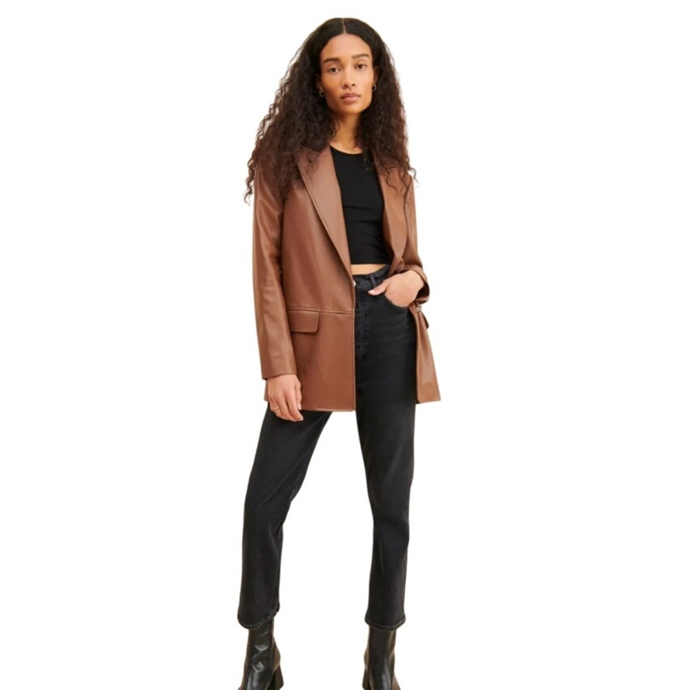 Hutch Blazer Women S Brown Faux Leather Single Button Vegan Coat Minimalist Chic